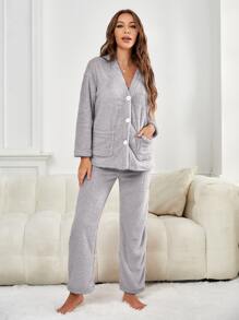 Set homewear de hombros caídos de franela - Gris - Ver 3