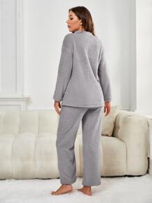 Set homewear de hombros caídos de franela - Gris - Ver 2