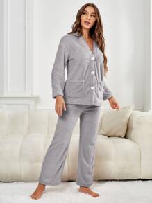 Set homewear de hombros caídos de franela - Gris - Ver 4