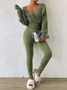 Chiquease 交叉領蝙蝠袖毛衣和針織褲 - 軍綠色 - 查看 5