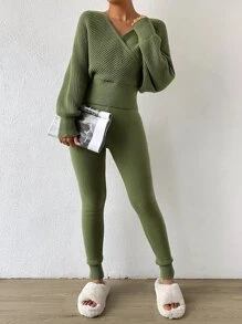 Chiquease 交叉領蝙蝠袖毛衣和針織褲 - 軍綠色 - 查看 6