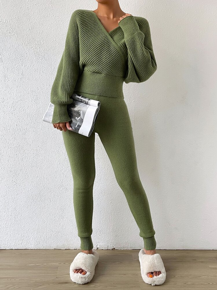 Overlap Collar Dolman Sleeve Sweater & Knit Pants Fall Winter Cloth For Women