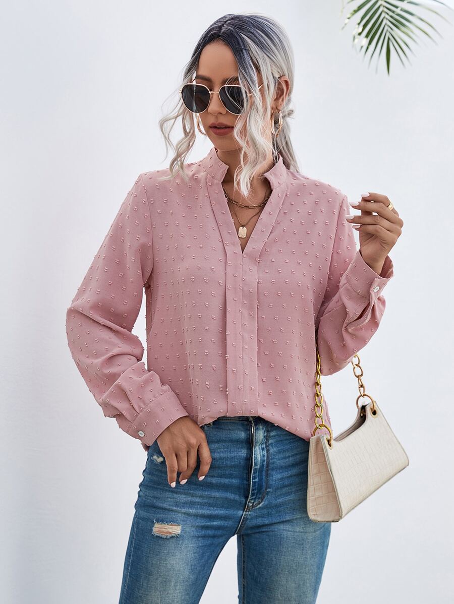 SHEIN LUNE Swiss Dot Notched Neck Blouse - Pink - View 1