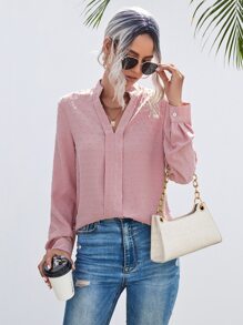 SHEIN LUNE Swiss Dot Notched Neck Blouse - Pink - View 3