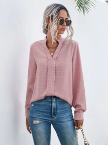 SHEIN LUNE Swiss Dot Notched Neck Blouse - Pink - View 4