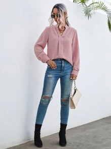 SHEIN LUNE Swiss Dot Notched Neck Blouse - Pink - View 5