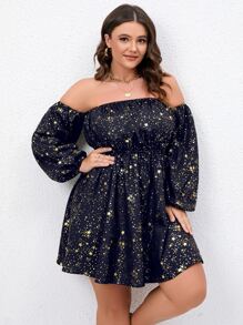 SHEIN Clasi Plus Gold Star Print Off Shoulder Lantern Sleeve Dress - Navy Blue - View 5