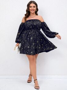SHEIN Clasi Plus Gold Star Print Off Shoulder Lantern Sleeve Dress - Navy Blue - View 6