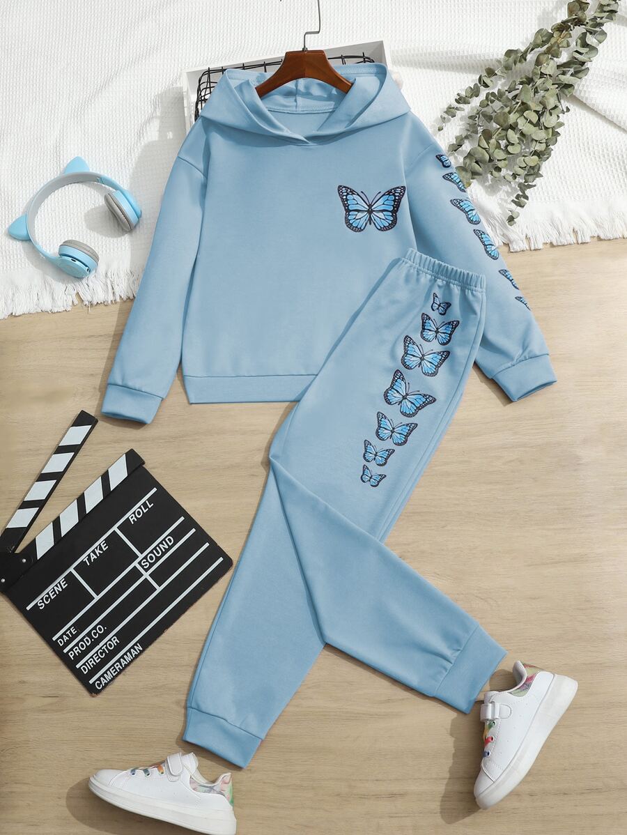 SHEIN Girls Butterfly Print Drop Shoulder Hoodie & Joggers - Blue - View 1
