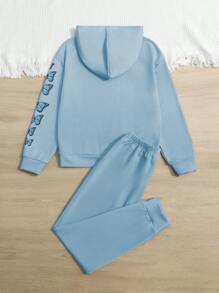 SHEIN Girls Butterfly Print Drop Shoulder Hoodie & Joggers - Blue - View 2