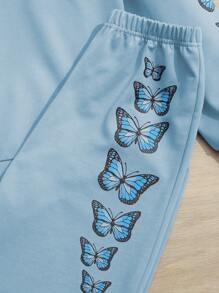 SHEIN Girls Butterfly Print Drop Shoulder Hoodie & Joggers - Blue - View 3