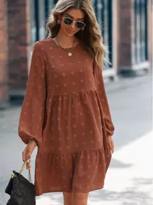 SHEIN LUNE Swiss Dot Ruffle Hem Bishop Sleeve Smock Dress - Brown - View 1