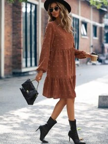 SHEIN LUNE Swiss Dot Ruffle Hem Bishop Sleeve Smock Dress - Brown - View 3