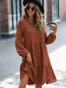 SHEIN LUNE Swiss Dot Ruffle Hem Bishop Sleeve Smock Dress - Brown - View 4