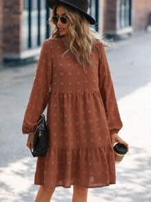 SHEIN LUNE Swiss Dot Ruffle Hem Bishop Sleeve Smock Dress - Brown - View 5