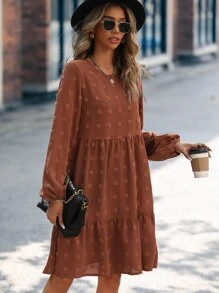 SHEIN LUNE Swiss Dot Ruffle Hem Bishop Sleeve Smock Dress - Brown - View 6