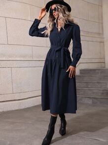 SHEIN LUNE 素色燈籠袖腰帶襯衫洋裝