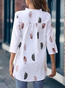 EMERY ROSE Feather Print Notched Neck Blouse