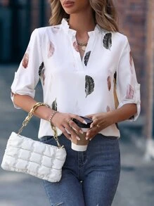 EMERY ROSE Feather Print Notched Neck Blouse