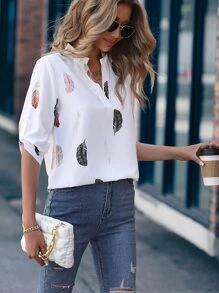 EMERY ROSE Feather Print Notched Neck Blouse