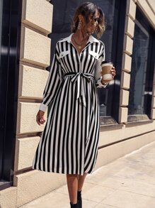 SHEIN LUNE 豎條紋腰帶襯衫連衣裙 - 黑與白 - 查看 3