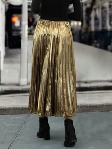 SHEIN LUNE Elastic Waist Pleated Skirt Without Belt - Gold - View 2