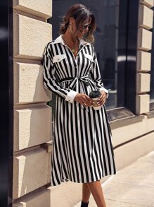 SHEIN LUNE 豎條紋腰帶襯衫連衣裙 - 黑與白 - 查看 4
