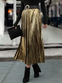 SHEIN LUNE Elastic Waist Pleated Skirt Without Belt - Gold - View 4