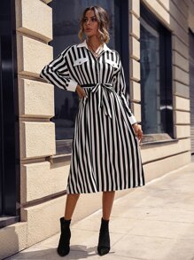 SHEIN LUNE 豎條紋腰帶襯衫連衣裙 - 黑與白 - 查看 6