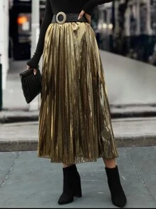 SHEIN LUNE Elastic Waist Pleated Skirt Without Belt - Gold - View 5