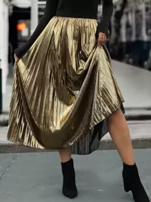 SHEIN LUNE Elastic Waist Pleated Skirt Without Belt - Gold - View 6