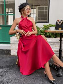 Aveloria Halter Neck Split Hem Satin Dress - Red - View 1