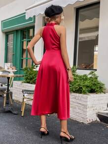 Aveloria Halter Neck Split Hem Satin Dress - Red - View 2