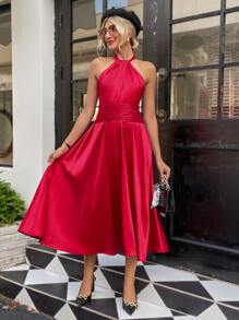 Aveloria Halter Neck Split Hem Satin Dress - Red - View 3