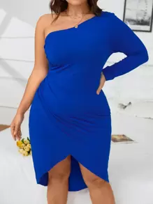 SHEIN Privé Plus One Shoulder Tulip Hem Dress - Royal Blue - View 4