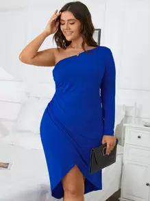 SHEIN Privé Plus One Shoulder Tulip Hem Dress - Royal Blue - View 5