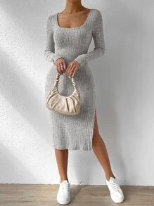 SHEIN Essnce 大圓領高衩緊身洋裝 - 淺灰色 - 查看 5