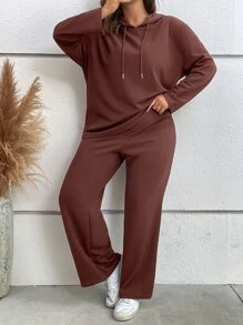 SHEIN LUNE Bộ thời trang Plus Size Dây kéo màu trơn Giải trí - Cà phê nâu - Xem 2