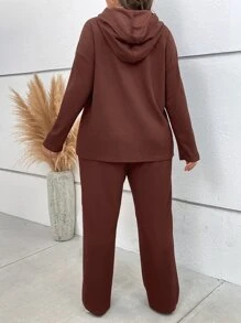 SHEIN LUNE Bộ thời trang Plus Size Dây kéo màu trơn Giải trí - Cà phê nâu - Xem 3