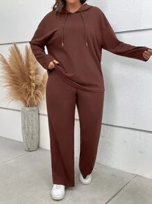 SHEIN LUNE Bộ thời trang Plus Size Dây kéo màu trơn Giải trí - Cà phê nâu - Xem 4