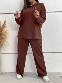 SHEIN LUNE Bộ thời trang Plus Size Dây kéo màu trơn Giải trí - Cà phê nâu - Xem 6