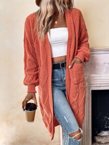 Chiquease 菱形针织双口袋落肩长袖开衫、长袖上衣 - 橘色 - 查看 1