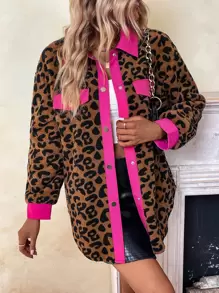 SHEIN LUNE Leopard Contrast Trim Drop Shoulder Coat Fall Winter Cloth For Women