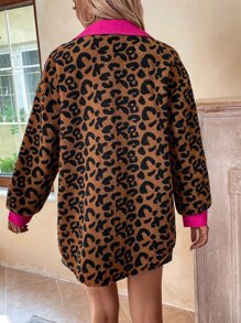 SHEIN LUNE Leopard Contrast Trim Drop Shoulder Coat Fall Winter Cloth For Women