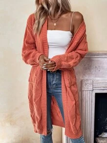 Chiquease 菱形针织双口袋落肩长袖开衫、长袖上衣 - 橘色 - 查看 3