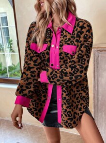 SHEIN LUNE Leopard Contrast Trim Drop Shoulder Coat Fall Winter Cloth For Women