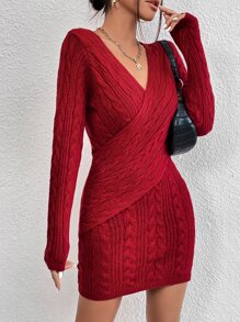 SHEIN LUNE Cable Knit Crossover Jumper Dress - Burgundy - View 4