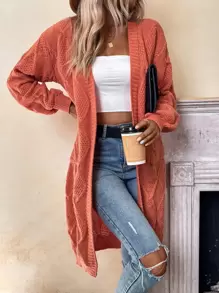 Chiquease 菱形针织双口袋落肩长袖开衫、长袖上衣 - 橘色 - 查看 4