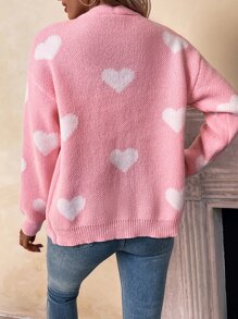 EMERY ROSE Heart Pattern Drop Shoulder Cardigan,Long Sleeve Tops Fall Winter Cloth For Women - Baby Pink - View 2