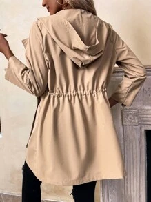 Roll Tab Sleeve Drawstring Waist Hooded Coat - Khaki - View 2